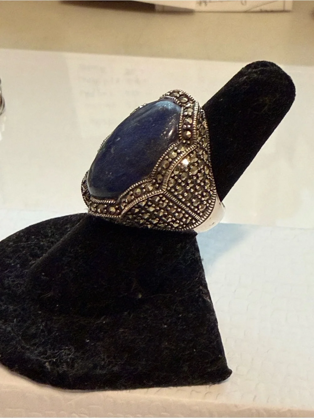 Vintage art deco, Victorian, Marcasite lapis Sterling silver ring